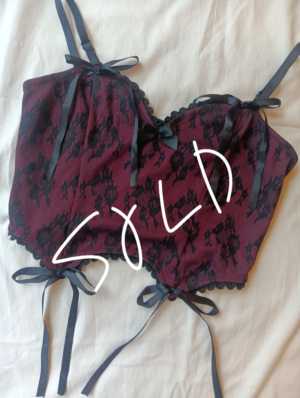 Cosmic Aura Gothic Lace Corset Top Burgundy Black Ribbon Lace-Up Bustier S/M